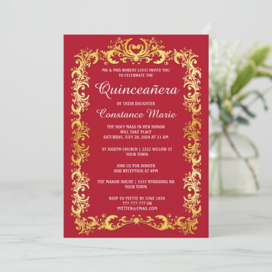 Elegante Gold Frame Quinceanera Einladung (Stehend Vorderseite)