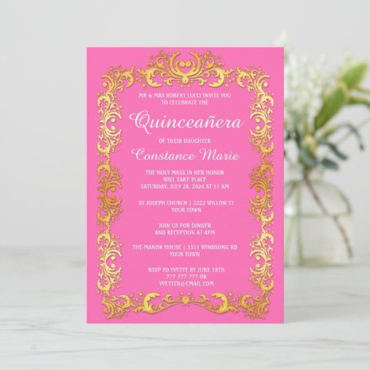 Elegante Gold Frame Quinceanera Einladung (Stehend Vorderseite)