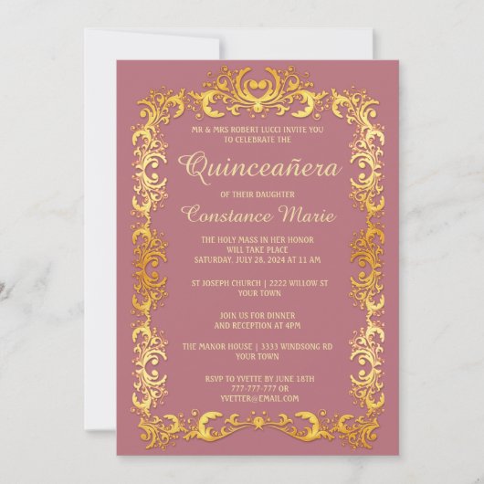 Elegante Gold Frame Quinceanera Einladung (Vorderseite)