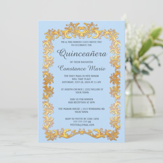 Elegante Gold Frame Quinceanera Einladung (Stehend Vorderseite)