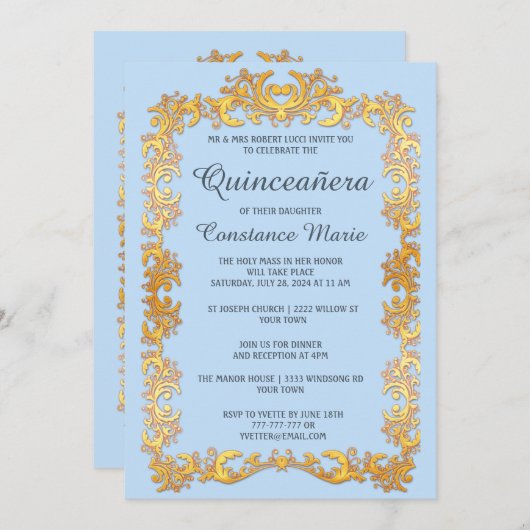 Elegante Gold Frame Quinceanera Einladung (Vorne/Hinten)