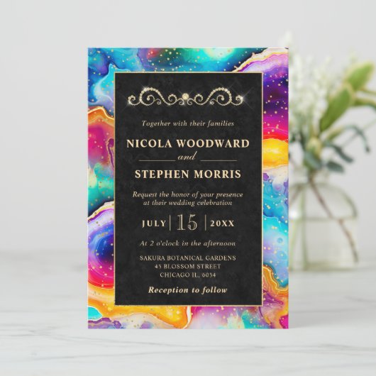 Elegante Gold Frame Rainbow Agate Wedding Einladung (Stehend Vorderseite)