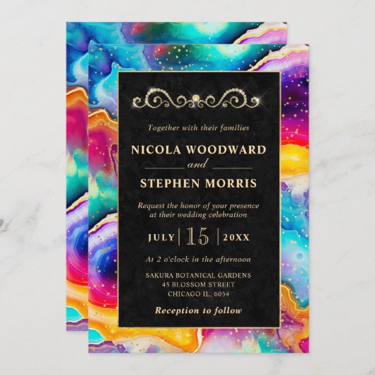 Elegante Gold Frame Rainbow Agate Wedding Einladung (Vorne/Hinten)