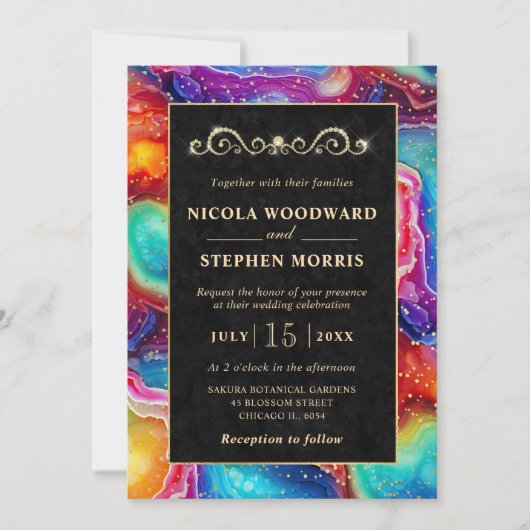 Elegante Gold Frame Rainbow Agate Wedding Einladung (Vorderseite)