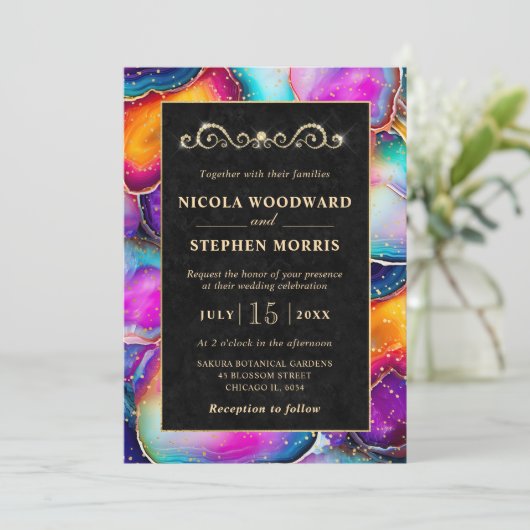 Elegante Gold Frame Rainbow Agate Wedding Einladung (Stehend Vorderseite)