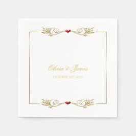 Elegante Gold Frame Red Heart Wedding Napkins Serviette