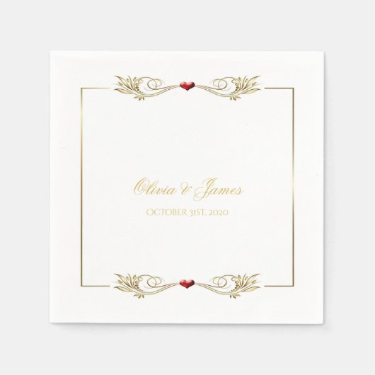 Elegante Gold Frame Red Heart Wedding Napkins Serviette (Vorderseite)