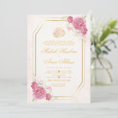 Elegante Gold Frame Rose Islamische Muslime Hochze Einladung (Stehend Vorderseite)