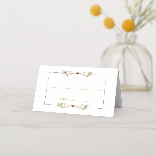 Elegante Gold Frame Rotes Herz Platzkarte (Vorderseite)