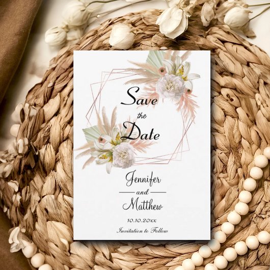 Elegante Gold Frame White Floral Pampas Grass 12x1 Save The Date