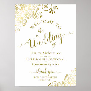 Elegante Gold Frills auf White Wedding Willkommen Poster