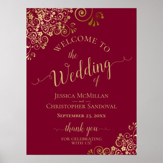 Elegante Gold Frills on Burgundy Wedding Willkomme Poster (Vorne)