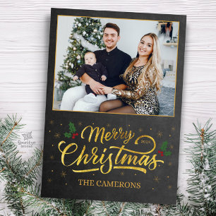 Elegante Gold Frohe Weihnachtsfamilie Foto-Karte Feiertagskarte