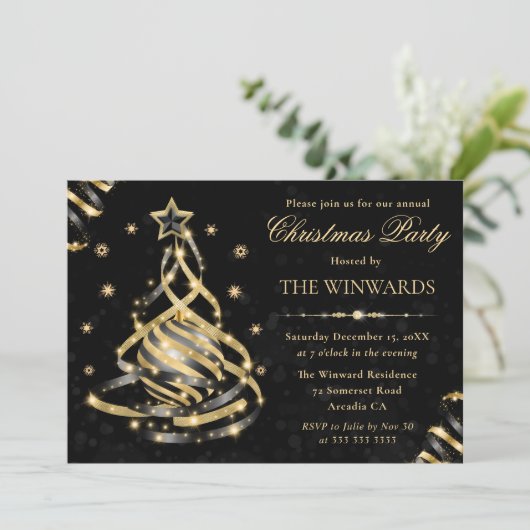 Elegante Gold Funkelnd Weihnachtsbaum Einladung (Stehend Vorderseite)