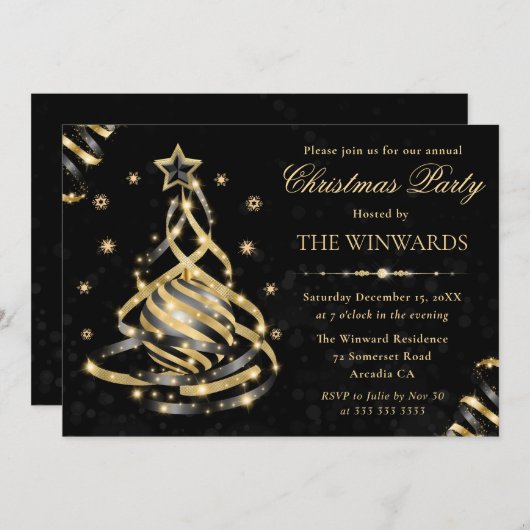 Elegante Gold Funkelnd Weihnachtsbaum Einladung (Vorne/Hinten)