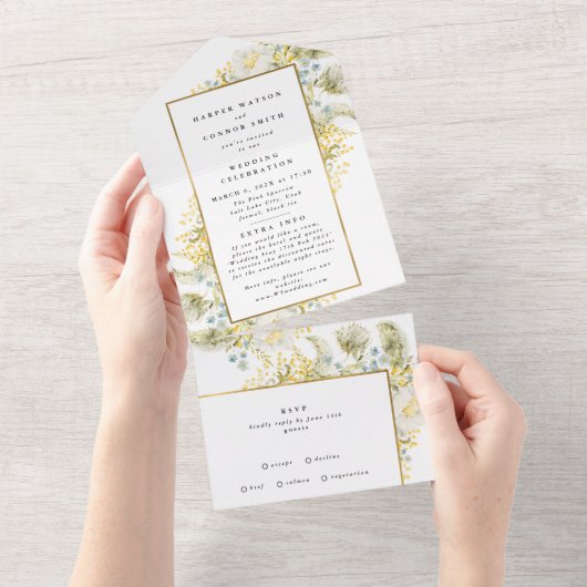 Elegante Gold Gerahmte Wildblume Edging Wedding All In One Einladung (Abreißtisch)