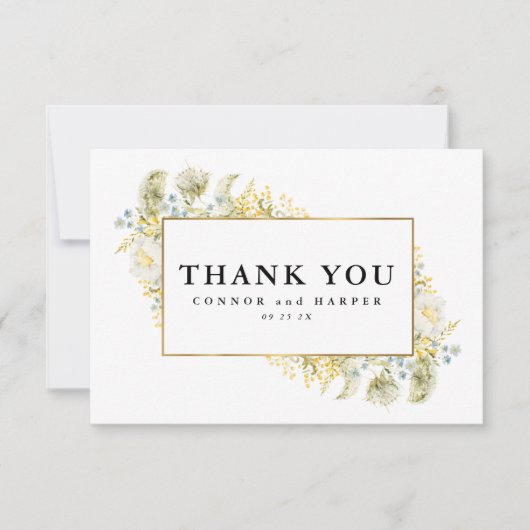 Elegante Gold Gerahmte Wildblume Edging Wedding Dankeskarte (Vorderseite)