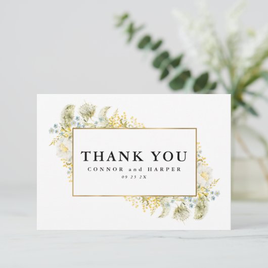 Elegante Gold Gerahmte Wildblume Edging Wedding Dankeskarte (Stehend Vorderseite)
