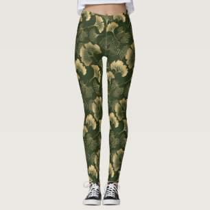 Elegante Gold-Ginkgoblätter Smaragdgrün Leggings