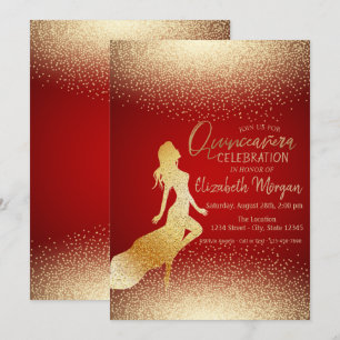 Elegante Gold Girl Silhouette, Confetti Quinceñera Einladung