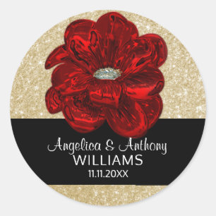 Elegante Gold Gitter, Schwarz, Rote Rose Blume Hoc Runder Aufkleber