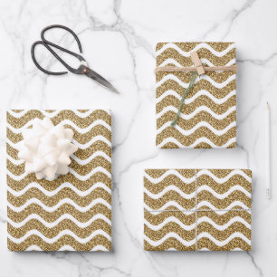 Elegante Gold Glitter Chevron Streifen Geschenkpapier Set