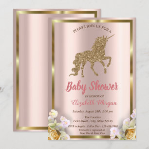 Elegante Gold Glitter Einhorn Blumen Baby Shower I Einladung