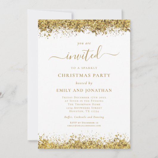 Elegante Gold Glitter Script Weihnachtsfeier Einladung (Vorderseite)