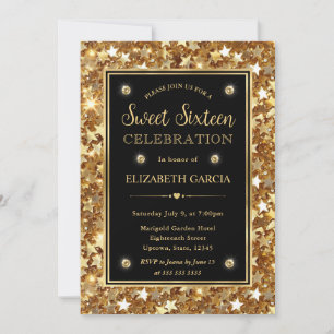 Elegante Gold Glitter Sterne Sweet Sixteen Einladung