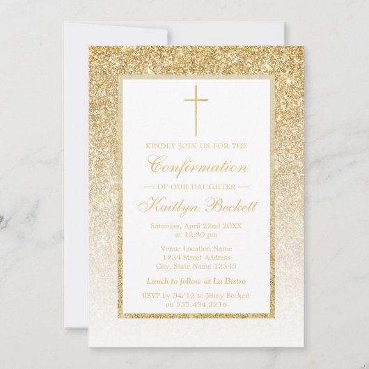 Elegante Gold Glitzer Bestätigung oder 1. Kommunio Einladung (Vorderseite)