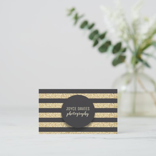 Elegante Gold Glitzer Black Stripes Business Card Visitenkarte (Stehend Vorderseite)