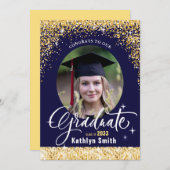 Elegante Gold Glitzer Blue Foto Graduation Party Einladung (Vorne/Hinten)