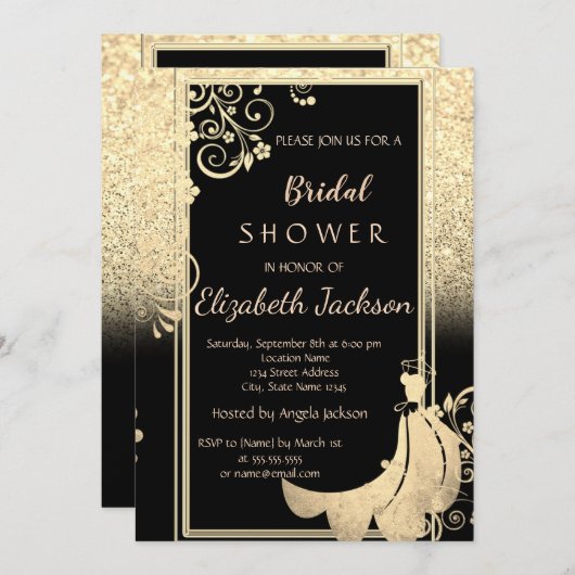 Elegante Gold Glitzer Blume Dress Brautparty Einladung (Vorne/Hinten)