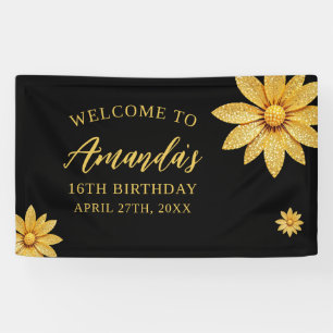 Elegante Gold Glitzer Blume Sweet 16 Geburtstag Banner