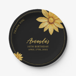 Elegante Gold Glitzer Blume Sweet 16 Geburtstag Pappteller