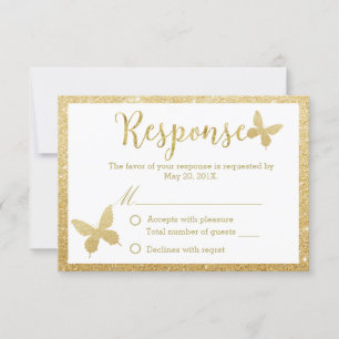 Elegante Gold Glitzer Butterfly Hochzeitreaktion RSVP Karte