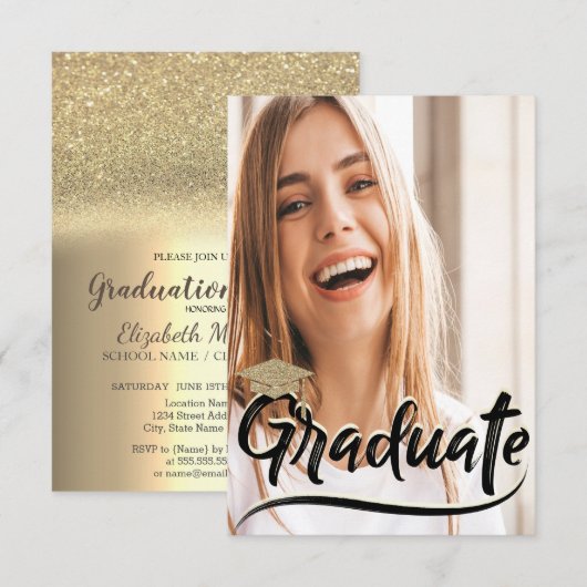 Elegante Gold Glitzer Cap,Foto Graduation Party Einladung (Vorne/Hinten)