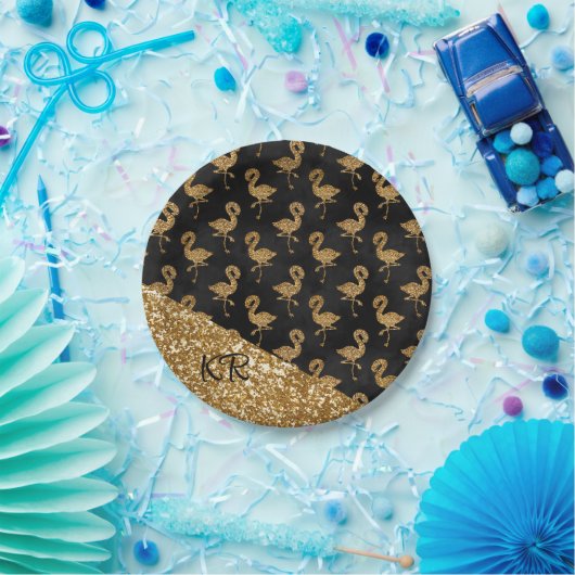 Elegante Gold Glitzer Flamingo Muster Initials Pappteller (Party)