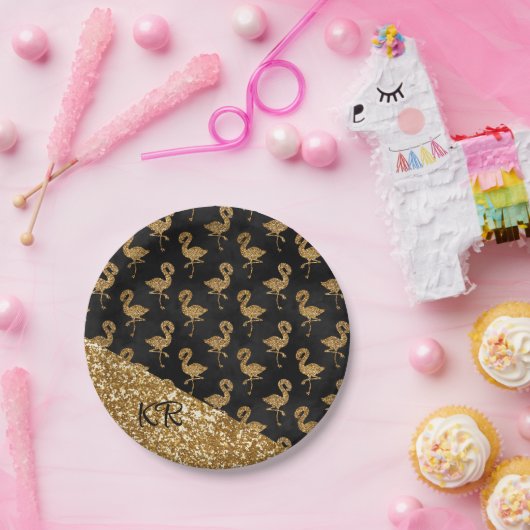 Elegante Gold Glitzer Flamingo Muster Initials Pappteller (Party)