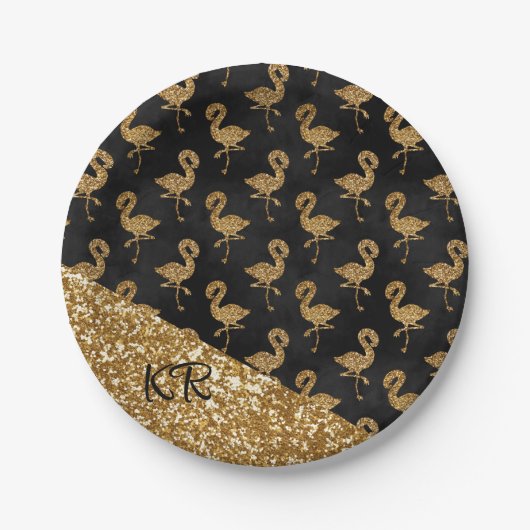 Elegante Gold Glitzer Flamingo Muster Initials Pappteller (Vorderseite)