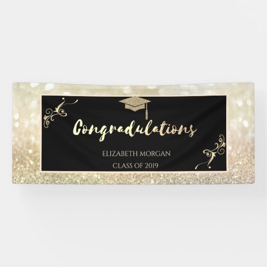 Elegante Gold Glitzer Graduate Cap, Bokeh Banner (Horizontal)