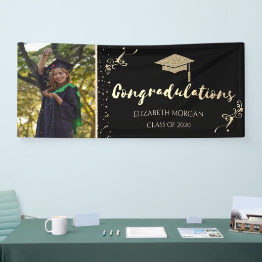 Elegante Gold Glitzer Graduate Cap, Foto Abschluss Banner (Messe)