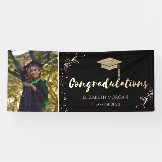 Elegante Gold Glitzer Graduate Cap, Foto Abschluss Banner (Horizontal)