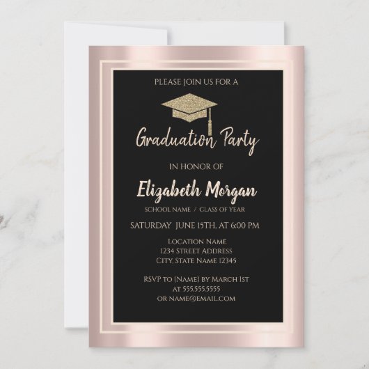 Elegante Gold Glitzer Graduation Cap Rose Gold Einladung (Vorderseite)
