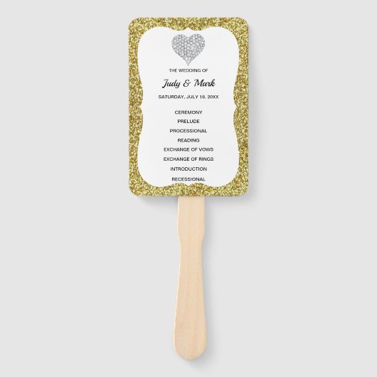 Elegante Gold Glitzer Heart Wedding Program Fans Fächer (Vorderseite)
