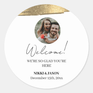 Elegante Gold Glitzer Line Custom Welcome Add Foto Runder Aufkleber