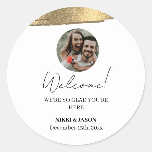 Elegante Gold Glitzer Line Custom Welcome Add Foto Runder Aufkleber (Vorderseite)