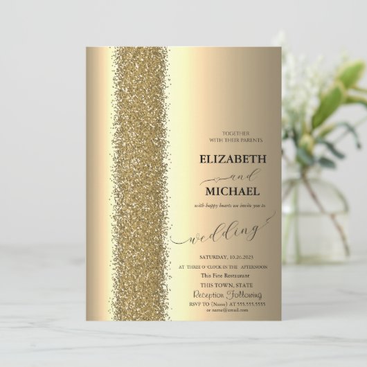 Elegante Gold Glitzer Script Wedding Einladung (Stehend Vorderseite)