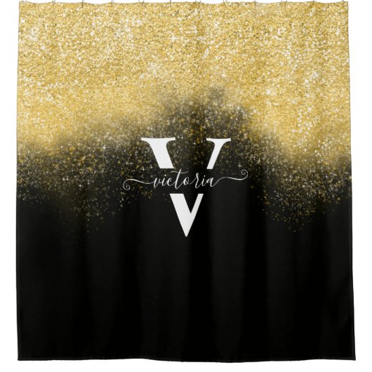 Elegante Gold Glitzer Sparkle Monogram Black Custo Duschvorhang (Vorderseite)