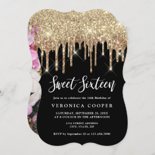 Elegante Gold Glitzer Tropfen 16 . Geburtstag Foto Einladung
